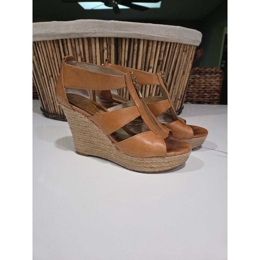 Michael Kors Damita Espadrille Wedge Sandal platform zip luggage leather SZ 7 S2